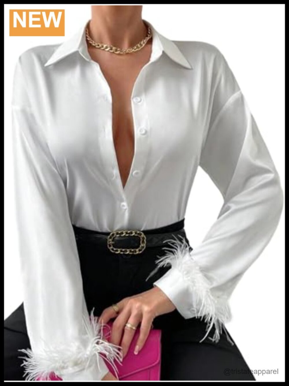Feather Trim Button Up Collared Long Sleeve Blouse for Women